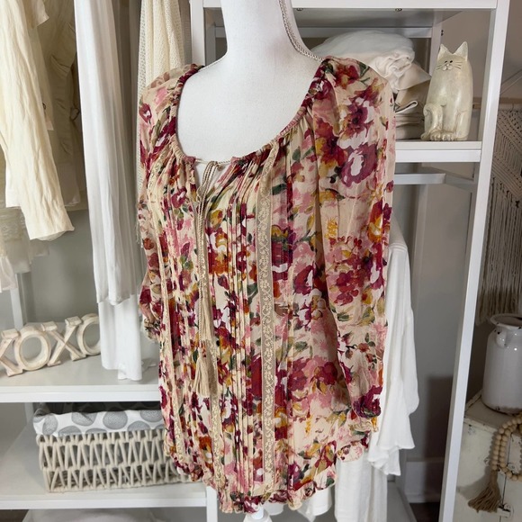 Bila Women's sz. small semi sheer floral peasant blouse soft girl feminine #1775 - Picture 1 of 9